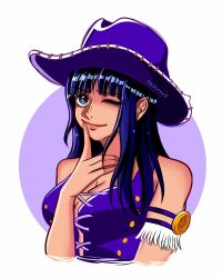  1girl armlet black_hair blue_eyes blunt_bangs circle closed_mouth commentary cowboy_hat cross-laced_clothes cross-laced_top hat highres itsnocti jewelry long_eyelashes long_hair looking_ahead looking_up nico_robin one_eye_closed one_piece pink_lips purple_hat purple_shirt shirt smile solo twitter_username untranslatable_commentary 