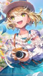  1girl :d blonde_hair blue_skirt blue_sky blurry blurry_background camera casual copyright_name copyright_notice cowboy_shot day depth_of_field eyes_visible_through_hair field floating_clothes floating_hair floral_print floral_print_skirt flower flower_field frilled_shirt frilled_skirt frills green_eyes hair_between_eyes hair_ornament hairclip happy hat hat_flower heaven_burns_red high-waist_skirt highres holding holding_camera irene_redmayne irene_redmayne_(where_the_breeze's_song_leads) jewelry long_skirt long_sleeves looking_at_viewer necklace off-shoulder_shirt off_shoulder official_alternate_costume official_art official_wallpaper open_mouth outdoors pink_flower print_skirt shirt short_hair skirt sky smile solo sun_hat teeth upper_teeth_only white_flower white_shirt wind yellow_flower 