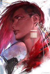  1girl absurdres asymmetrical_hair blue_eyes bullet chinese_commentary commentary_request cyberpunk cyberpunk_(series) cyberpunk_2077 cyborg highres looking_ahead parted_lips pink_hair portrait profile sidecut slaughtersafe solo twitter_username undercut v_(cyberpunk) valerie_(cyberpunk) watermark weibo_username weibo_watermark 