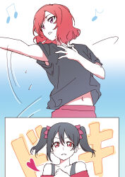  2girls absurdres asymmetrical_sidelocks black_hair black_shirt blush bow commentary_request dancing hand_on_own_chest hand_up heart highres inazuma_(elect_line) love_live! love_live!_school_idol_project medium_hair midriff_peek motion_lines multiple_girls musical_note navel nishikino_maki off-shoulder_shirt off_shoulder outstretched_arm outstretched_hand pink_bow pink_eyes red_hair red_shirt shirt short_sleeves short_twintails sidelocks sweat twintails upper_body violet_eyes yazawa_nico yuri 