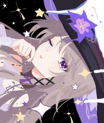  1girl black_background commentary_request flower grey_hair hat hat_flower herta_(honkai:_star_rail) highres honkai:_star_rail honkai_(series) jewelry long_hair necklace nyoki1586714 official_alternate_design open_mouth purple_flower purple_hat purple_nails solo star_(sky) star_(symbol) the_herta_(honkai:_star_rail) upper_body violet_eyes witch_hat 