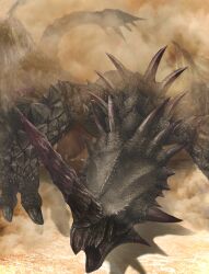  absurdres brown_scales commentary_request desert dragon highres horns monoblos monster monster_focus monster_hunter_(series) no_humans nutuki open_mouth red_horns sand scales single_horn spiked_tail spikes tail wings wyvern 