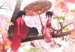  1boy 1girl absurdres alternate_costume black_hair black_pants black_socks closed_mouth commentary haori highres holding holding_umbrella japanese_clothes kimetsu_no_yaiba kimono kochou_shinobu long_hair low_ponytail niku_(ni23ku) pants pink_kimono ponytail profile purple_hair red_haori sandals sitting sitting_on_branch socks spiky_hair tomioka_giyuu tree umbrella untranslatable_commentary white_haori white_socks 