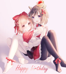  2girls absurdres ahoge amaroku_neko antlers apron birthday black_pantyhose blush bow bowtie brown_hair dress frilled_apron frills hair_bow hair_ornament hair_ribbon hanayori_jyoshiryou head_wreath highres horns hug indie_utaite kano_(hanayori_jyoshiryou) kano_(utaite) maid multiple_girls pantyhose pink_background pink_hair red_bow red_bowtie red_vest ribbon shirt short_hair simple_background sitting thigh-highs utaite vest virtual_youtuber white_pantyhose white_shirt white_thighhighs 