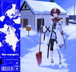  1girl absurdres barcode commentary commission english_commentary eyewear_on_head highres holding holding_shovel necktie original red_hair red_necktie short_hair shovel signal_1120 skeb_commission snow solo 
