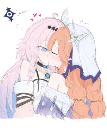  2girls acht_ao ahoge aleph-1_(wuthering_waves) bare_shoulders black_choker blue_eyes blue_hair blush braid chain choker closed_eyes colored_inner_hair commentary_request couple cropped_torso denia_(wuthering_waves) drill_hair drill_sidelocks earrings english_text flat_color flying_sweatdrops furrowed_brow hair_ornament hairclip heart highres jewelry kiss long_hair looking_at_another loving_aura multicolored_hair multiple_girls no_pupils nose_blush off_shoulder orange_hair pink_hair pink_sleeves pointy_ears profile quad_braids raised_inner_eyebrows side_braid sidelocks sigrika_(wuthering_waves) simple_background sketch sweat two-tone_hair u_u veil white_background white_veil wuthering_waves yuri 