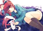  boots cutoffs fetal_position hair_ribbon hand_on_head hoodie kyubey kyuubee long_hair lying mahou_shoujo_madoka_magica ponytail red_eyes red_hair redhead ribbon sakura_kyouko shorts thighs yu_yu 