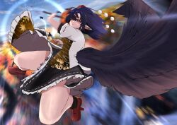  1girl bird_wings black_hair black_skirt black_wings blurry blurry_background geta hat hauchiwa highres leaf_print maple_leaf_print outdoors pointy_ears pom_pom_(clothes) red_hat red_shoes ribbon-trimmed_skirt ribbon_trim shameimaru_aya shoes skirt solo tengu tengu-geta tokin_hat tooya0130 touhou wings 