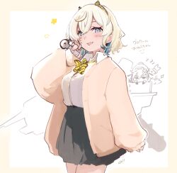  1girl absurdres black_skirt blonde_hair blue_eyes blue_hair blush bow bowtie breasts cardigan club_(weapon) collared_shirt fake_horns fang french_light_cruiser_princess gloire_(kancolle) gloire_kai_(setsubun)_(kancolle) highres holding holding_weapon horns kantai_collection long_sleeves looking_at_viewer ma_rukan multicolored_hair open_mouth shirt shirt_tucked_in short_hair signature simple_background skin_fang skirt solo_focus spiked_club star_(symbol) translation_request weapon white_shirt 