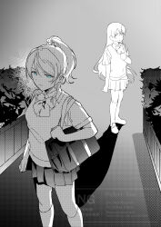  2girls absurdres ayase_eli bag blue_eyes bow bush clenched_hand closed_mouth collared_shirt commentary_request greyscale hair_bow high_ponytail highres holding holding_bag inazuma_(elect_line) kneehighs long_hair looking_at_another love_live! love_live!_school_idol_project monochrome multiple_girls otonokizaka_school_uniform ponytail school_bag school_uniform shadow shirt shoes short_sleeves shoulder_bag skirt socks sonoda_umi standing summer_uniform sweater watermark 