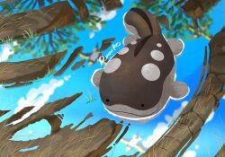  :3 bird blue_sky clodsire commentary fins grass mud no_humans pokemon pokemon_(creature) pokemon_focus reflection reflection_focus reflective_liquid rumiko_(vertlapin96) signature sky solid_circle_eyes swimming tree water wattrel 