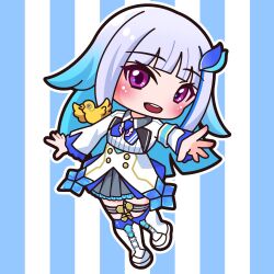  1girl :d absurdres animal bird blue_hair blue_thighhighs blush boots chibi commentary_request dress duck full_body gradient_hair grey_hair grey_skirt highres lace-up_boots lize_helesta lize_helesta_(1st_costume) long_hair multicolored_hair nijisanji outline over-kneehighs pleated_skirt round_teeth saishosaisekojo sebastian_piyodore skirt smile striped_background teeth thigh-highs thighhighs_under_boots upper_teeth_only vertical-striped_background very_long_hair violet_eyes virtual_youtuber white_boots white_dress white_outline 