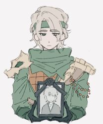  1boy animification armor black_gloves blonde_hair closed_mouth commentary cropped_torso english_commentary eyes_visible_through_hair frown gloves green_eyes green_headband green_scarf hair_over_one_eye headband holding_portrait iei lloyd_garmadon lloyd_garmadon_(young) long_sleeves looking_down male_focus mengmimimi ninjago ninjago:_dragons_rising portrait_(object) scarf short_hair shoulder_armor simple_background solo upper_body white_background 