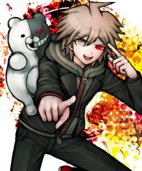  2boys ahoge bear black_jacket brown_hair commentary_request danganronpa:_trigger_happy_havoc danganronpa_(series) evil_smile green_jacket heterochromia jacket monokuma multiple_boys naegi_makoto official_style parody pointing pointing_at_self pointing_at_viewer smile stuffed_animal stuffed_toy style_parody teddy_bear tezurumozuru 