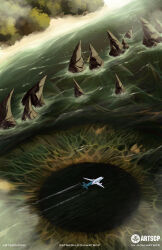  aircraft airplane beach bird commentary commissioner_name deadliine_art english_commentary eyeball giant giant_monster grand_scale highres jet_airliner monster no_humans ocean outdoors patreon_username sand scp-169 scp_foundation solo spikes tree vk_username water web_address 