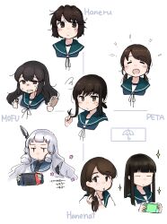  6+girls =_= absurdres adjusting_hair biaxial_model black_eyes black_hair blue_sailor_collar blunt_bangs blush braid brown_eyes brown_hair closed_eyes commentary_request cropped_arms cropped_shoulders fubuki_(kancolle) green_eyes grey_hair hair_between_eyes hair_ribbon handheld_game_console hatsuyuki_(kancolle) headgear highres hime_cut holding holding_handheld_game_console isonami_(kancolle) kantai_collection long_hair ma_rukan miyuki_(kancolle) multiple_girls murakumo_(kancolle) nintendo_switch open_mouth ponytail ribbon romaji_text sailor_collar school_uniform serafuku shirayuki_(kancolle) short_hair short_ponytail short_twintails signature simple_background single_braid smile sparkle translated tress_ribbon twintails uranami_(kancolle) white_background 