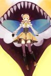  blonde_hair boots charlotte_(madoka_magica) drill_hair fang fingerless_gloves flying gloves hat highres mahou_shoujo_madoka_magica mami_mogu_mogu open_mouth outstretched_arms riku_(kakao100) spoilers thigh-highs thighhighs tomoe_mami yellow_eyes 