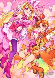  1boy 1girl ;) \m/ akuo antenna_hair artist_name bare_shoulders belt black_belt black_hat blonde_hair blush boots bow braid braided_bangs bridal_gauntlets brooch bug butterfly butterfly_earrings butterfly_hat_ornament capelet closed_mouth cloud_background clouds coattails commentary crop_top cropped_jacket cure_butterfly cure_wing earrings english_commentary finger_gun fingernails frilled_shorts frills full_body gloves hair_ornament hands_up hat hat_ornament high_heel_boots high_heels hijiri_ageha hirogaru_sky!_precure holding index_finger_raised instagram_username jacket jewelry knees_together_feet_apart legs_up lips long_hair looking_at_viewer low_ponytail magical_boy magical_girl microskirt midriff mini_hat mini_top_hat multicolored_hair nail_polish navel one_eye_closed open_clothes open_jacket orange_boots orange_capelet orange_eyes orange_gloves orange_hair orange_jacket orange_shorts orange_vest overskirt pantyhose pink_background pink_boots pink_bridal_gauntlets pink_hat pink_nails pink_skirt pink_wrist_cuffs ponytail precure puffy_short_sleeves puffy_sleeves purple_pantyhose red_ribbon ribbon salute short_sleeves shorts single_leg_pantyhose skirt skirt_bow sky_mirage sleeveless smile sphere_earrings split_mouth streaked_hair tailcoat thick_eyebrows thigh_strap tilted_headwear top_hat trap twitter_username v-shaped_eyebrows very_long_hair vest violet_eyes watermark wing_brooch wing_hair_ornament wrist_cuffs yuunagi_tsubasa 