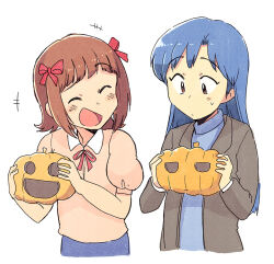  2girls :d amami_haruka black_jacket blue_hair bow brown_eyes brown_hair closed_eyes closed_mouth commentary_request cropped_torso hair_bow holding holding_pumpkin idolmaster idolmaster_(classic) jack-o'-lantern jacket kisaragi_chihaya long_hair long_sleeves looking_at_object multiple_girls multiple_hair_bows open_clothes open_jacket open_mouth pink_shirt pumpkin red_bow shirt short_hair short_sleeves simple_background smile sweatdrop tsubobot white_background 