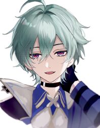  1boy aofuji0908 arm_up black_choker black_gloves blue_hair choker collared_shirt commentary cropped_shoulders double-parted_bangs genshin_impact gloves hair_between_eyes hand_on_own_neck highres jacket lohen_(genshin_impact) long_sleeves looking_to_the_side male_focus mole mole_under_eye multicolored_eyes open_clothes open_jacket open_mouth shirt short_hair sideways_glance solo teeth upper_teeth_only wing_collar 