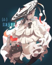  1girl absurdres abyssal_jade_princess abyssal_ship black_bow black_bowtie black_hat blue_background bow bowtie character_name colored_skin commentary_request cropped_legs detached_sleeves dress frills hat highres horns kantai_collection ma_rukan pale_skin parted_lips pom_pom_(clothes) red_eyes ship_turret short_hair simple_background solo thigh-highs tilted_headwear white_dress white_hair white_skin white_thighhighs 