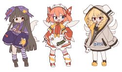  3girls alternate_costume animal_ear_hood apron asymmetrical_legwear blonde_hair blue_eyes boots bow brown_hair closed_mouth fairy_wings full_body hair_bow highres hood hood_up hooded_jacket jacket jersey_maid leg_warmers long_hair long_sleeves looking_at_viewer luna_child magg_(user_mtca8588) maid multiple_girls open_mouth orange_hair pantyhose purple_bow purple_jacket purple_socks red_eyes red_jacket simple_background skull_ornament sleeves_past_fingers sleeves_past_wrists smile socks standing star_sapphire striped_clothes striped_socks sunny_milk touhou unconventional_maid uneven_legwear very_long_hair white_apron white_background white_pantyhose wings zipper_pull_tab 