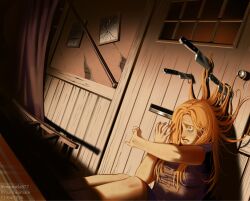  1girl abuse broken_glass chair commentary dated english_commentary freckles glass hair_over_one_eye highres humanization knife long_hair marmela877 on_ground ragatha_(the_amazing_digital_circus) red_hair the_amazing_digital_circus tumblr_username twitter_username 