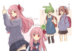  3girls :d backpack bag black_skirt black_thighhighs blue_dress blue_skirt blunt_bangs brown_hair closed_mouth commentary_request corn_kuten cropped_legs double-parted_bangs dress grey_hoodie grey_sweater hair_between_eyes hair_ribbon hands_in_pockets holding_strap hood hood_down hoodie kotonoha_akane long_hair long_sleeves miniskirt multiple_girls multiple_views one_side_up open_mouth pinafore_dress pink_hair plaid_clothes plaid_skirt pleated_skirt red_bag red_eyes red_ribbon ribbon school_uniform serafuku shirt short_hair short_sleeves sidelocks skirt sleeveless sleeveless_dress smile standing sweater thigh-highs touhoku_kiritan translation_request twintails twitter_username voiceroid voicevox white_shirt yellow_eyes zettai_ryouiki zundamon 