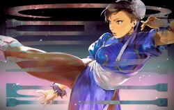  1girl blue_dress boots bracelet breasts brown_eyes brown_hair brown_pantyhose bun_cover china_dress chinese_clothes chun-li double_bun dress earrings fighting_stance hair_bun high_kick highres jackboo jewelry kicking leg_up lips medium_breasts pantyhose pelvic_curtain puffy_short_sleeves puffy_sleeves sash short_hair short_sleeves solo spiked_bracelet spikes standing street_fighter thighs 