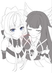  2girls bare_shoulders bonnet bow bowtie closed_eyes closed_mouth columbina_(genshin_impact) commentary detached_collar detached_sleeves dress genshin_impact greyscale hair_ornament hair_ribbon headdress highres long_hair looking_at_viewer monochrome multicolored_hair multiple_girls multiple_wings ribbon sandrone_(genshin_impact) short_hair_with_long_locks simple_background smile twitter_username two-tone_hair watatai white_background wing_hair_ornament wings yuri 
