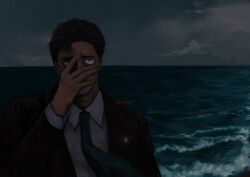  1boy beach black_hair black_necktie black_suit clouds collared_shirt covering_own_mouth evening hand_on_own_face highres higuruma_hiromi jacket jujutsu_kaisen lawyer long_sleeves looking_at_viewer lutaro77 necktie ocean outdoors shirt short_hair short_sideburns sideburns solo suit suit_jacket suit_pants tears twitter_username upper_body waves white_shirt 