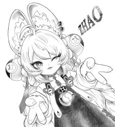  1girl 3paraply absurdres ahoge animal_ear_fluff animal_ear_piercing animal_ears braid commentary_request furry furry_female greyscale hair_ornament highres long_hair looking_at_viewer monochrome one_eye_closed open_mouth rabbit_ears rabbit_girl shirt simple_background solo thick_eyebrows twin_braids v white_background zenless_zone_zero zhao_(zenless_zone_zero) 