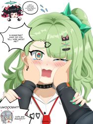  1boy absurdres arm_warmers black_hair blush bow colored_inner_hair commentary crying english_commentary english_text green_bow green_eyes green_hair grey_hair hair_bow hair_ornament halo hetero highres looking_at_viewer muhammadreed multicolored_hair multiple_girls multiple_hair_clips nangong_yu necktie one_eye_closed open_mouth pink_arm_warmers pink_hair red_eyes red_necktie shirt short_hair simple_background speech_bubble striped_arm_warmers sunna_(zenless_zone_zero) twintails white_background white_shirt wise_(zenless_zone_zero) zenless_zone_zero 