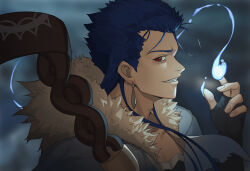  1boy blue_hair capelet commentary_request cu_chulainn_(caster)_(fate) cu_chulainn_(fate) earrings fate/grand_order fate_(series) fingerless_gloves fingernails fire from_side fur-trimmed_hood fur_trim gloves grin highres hood hooded_capelet iamc95 jewelry long_hair looking_at_viewer magic male_focus red_eyes smile solo spiky_hair staff 