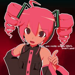  1girl 3d :d absurdres ahoge animasa_model_(mikumikudance) bare_shoulders black_shirt black_sleeves breasts cel_rendering collared_shirt commentary dark-skinned_female dark_skin detached_sleeves drill_hair english_commentary english_text fang hair_between_eyes highres kasane_teto kasane_teto_(utau) kio_(majin_kz) looking_at_viewer mikumikudance_(medium) outline pointing pointing_at_viewer red_eyes red_hair scolding shirt small_breasts smile solo twin_drills upper_body utau white_outline 