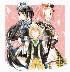  1boy 2girls alternate_costume black_bow black_coat black_hair black_hat black_ribbon blonde_hair blue_bow blue_ribbon blush bow breasts checkered_clothes closed_eyes closed_mouth coat commentary_request cowboy_shot curtained_hair eleanor_hume eleanor_hume_(magician) enoki_(megaclam) green_bow green_eyes green_ribbon hair_bow hat laphicet_(tales) long_hair looking_at_viewer magician medium_hair mini_hat mini_top_hat multiple_girls official_alternate_costume official_alternate_hairstyle one_eye_closed open_mouth pants pink_hair ponytail ribbon short_hair smile tales_of_(series) tales_of_berseria top_hat velvet_crowe velvet_crowe_(magician) very_long_hair yellow_eyes yellow_pants 