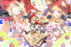  ! 1girl animal_ear_fluff animal_ears apple black_gloves blonde_hair book cape chinese_commentary commentary_request ears_through_headwear endministrator_(arknights) fang female_endministrator_(arknights) fingerless_gloves food fruit gloves harry80779192 highres hood hood_up hooded_cape little_red_riding_hood_(fairy_tale) multiple_views open_mouth red_cape rossi_(arknights) speech_bubble spoken_exclamation_mark tail wolf_ears wolf_girl wolf_tail wulfgard_(arknights) yellow_eyes 