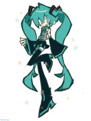  +_+ 1girl :d ahoge aqua_boots bare_shoulders belt black_boots black_skirt black_sleeves blue_belt blue_eyes blue_hair blue_nails blue_necktie blue_trim boots breasts bright_pupils collared_shirt colored_shoe_soles commentary deformed detached_sleeves double-parted_bangs eyes_visible_through_hair foot_up_heel_up full_body grey_shirt hair_between_eyes hair_ornament hatsune_miku hatsune_miku_(vocaloid6) high_heel_boots high_heels highres long_hair long_sleeves looking_at_viewer miniskirt multicolored_boots nail_polish necktie no_nose no_sclera number_tattoo open_mouth outline pale_skin pleated_skirt shirt shoulder_tattoo sidelocks simple_background single_eyebrow skirt sleeveless sleeveless_shirt sleeves_past_fingers sleeves_past_wrists small_breasts smile solo sparkle standing standing_on_one_leg star_(symbol) takawoyu tattoo tie_clip tsurime twintails two-tone_boots very_long_hair vocaloid white_background white_pupils wide_sleeves yellow_outline zettai_ryouiki 