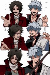  2boys c138300 gintama hand_on_another's_shoulder highres laughing looking_at_another male_focus meme multiple_boys pointing sakamoto_tatsuma sakata_gintoki serious shaded_face unamused_friend_comic_(meme) 