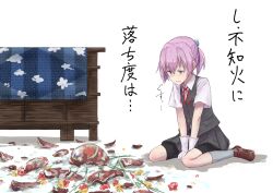  1girl bike_shorts black_skirt black_vest blue_eyes blush broken_flower_pot brown_shoes collared_shirt commentary_request dress_shirt flower full_body gloves grey_socks hair_between_eyes highres kantai_collection kneehighs kuuru_(kuuru-n) loafers looking_at_object medium_hair neck_ribbon open_mouth pink_hair pleated_skirt ponytail red_ribbon ribbon shadow shiranui_(kancolle) shirt shoes short_sleeves sidelocks simple_background sitting skirt socks solo table translation_request vest wariza white_background white_gloves white_shirt 