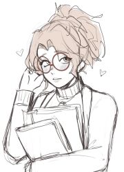  1girl book crackingscreens deadlock_(game) glasses hand_in_own_hair heart highres jewelry long_hair looking_at_viewer necklace orange_hair paige_(deadlock) parted_lips red-framed_eyewear round_eyewear sketch solo sweater turtleneck upper_body 
