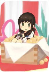  1girl black_hair black_sailor_collar black_socks blush commentary_request eating ehoumaki food fubuki_(kancolle) fubuki_kai_ni_(kancolle) green_eyes highres holding holding_food kantai_collection kneehighs ma_rukan makizushi ponytail sailor_collar school_uniform serafuku short_hair short_ponytail short_sleeves smile socks solo sushi 