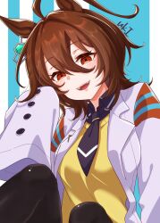  1girl agnes_tachyon_(tach-nology)_(umamusume) agnes_tachyon_(umamusume) ahoge animal_ears black_necktie black_pantyhose blush breasts brown_hair chemical_structure coat earrings hair_between_eyes highres horse_ears horse_girl jewelry lab_coat long_sleeves medium_hair necktie neru_ika open_mouth pantyhose red_eyes shirt short_necktie single_earring sleeves_past_fingers sleeves_past_wrists smile solo sweater teeth umamusume upper_teeth_only white_coat wolf_cut yellow_sweater 