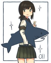  1girl arm_warmers black_sailor_collar brown_hair commentary_request doll fubuki_(kancolle) fubuki_kai_ni_(kancolle) green_eyes highres holding holding_doll holding_stuffed_toy ikea_shark kantai_collection looking_at_viewer low_ponytail ma_rukan open_mouth pleated_skirt ponytail sailor_collar school_uniform serafuku shark short_ponytail sidelocks skirt sleeves_past_wrists solo star_(symbol) stuffed_animal stuffed_shark stuffed_toy v 