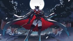  1girl belt black_coat black_gauntlets black_gloves boots breasts clawed_gauntlets coat commentary english_commentary eyepatch forest full_moon gauntlets general_geega gloves grass grey_hair grey_pants grey_shirt hat highres holding holding_whip large_breasts looking_at_viewer looking_down moon nature pants papercider pointy_ears red_eyes shirt sidelocks single_gauntlet solo standing thigh_boots tree underbust virtual_youtuber vshojo whip 