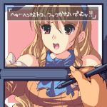  :o blonde_hair brown_eyes calamity_jane collar curly_hair detached_sleeves embarrassed enoo hair_ribbon long_hair lowres oekaki payot pen pink_background ribbon solo stylus sweat translation_request video_game wild_arms wild_arms_1 wild_arms_alter_code_f 