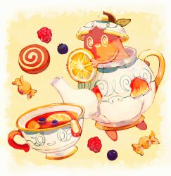  @_@ absurdres berry candy commentary_request crack cup food fruit highres holding holding_food holding_fruit no_humans orange_(fruit) orange_slice pokemon pokemon_(creature) pokemon_focus polteageist sinistea smile su_(sajo_su5) teacup teapot 