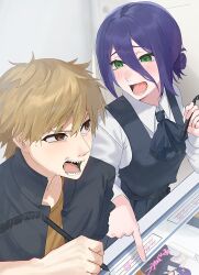  absurdres blonde_hair chainsaw_man collared_shirt commentary_request denji_(chainsaw_man) green_eyes hair_between_eyes highres holding kashio_(92984798) long_hair_between_eyes looking_at_another lower_teeth_only open_mouth purple_hair reze_(chainsaw_man) sharp_teeth shirt short_hair teeth white_shirt 
