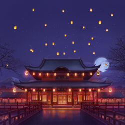  absurdres architecture banner bare_tree bridge commentary east_asian_architecture english_commentary full_moon highres lantern moon mountainous_horizon night no_humans original outdoors palace paper_lantern railing reflective_surface scenery sicuvn sign sky sky_lantern sliding_doors star_(sky) starry_sky stone_floor tree wooden_railing 