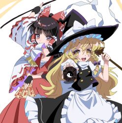  2girls apron arm_up ascot black_gloves black_hat black_skirt black_vest blonde_hair bow braid broom brown_eyes brown_hair chest_sarashi commentary_request detached_sleeves fingerless_gloves frilled_bow frilled_hair_tubes frills gloves gohei hair_bow hair_tubes hakurei_reimu hat hat_bow holding holding_broom holding_gohei holding_ofuda kirisame_marisa kochiya_sanae long_hair mini-hakkero multiple_girls nacchi723 ofuda open_mouth purple_bow red_bow red_skirt ribbon-trimmed_sleeves ribbon_trim sarashi side_braid single_braid skirt skirt_set smile teeth touhou upper_teeth_only very_long_hair vest waist_apron white_apron white_bow witch_hat yellow_ascot yellow_eyes 